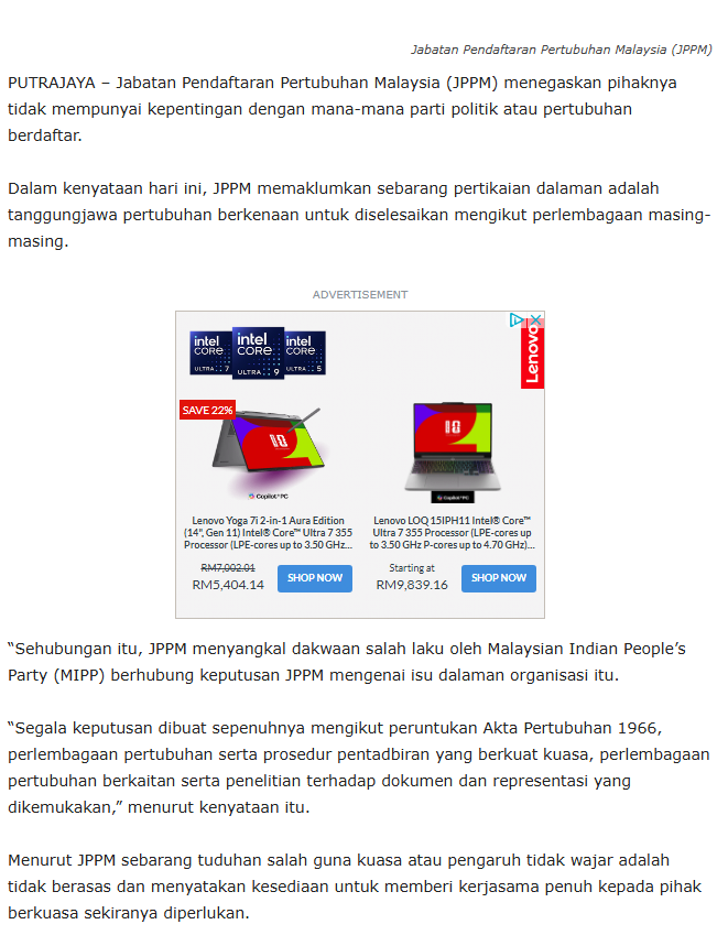 20 Februari 2026 - MalaysiaGazette : JPPM tiada kepentingan terhadap parti politik, pertubuhan berdaftar