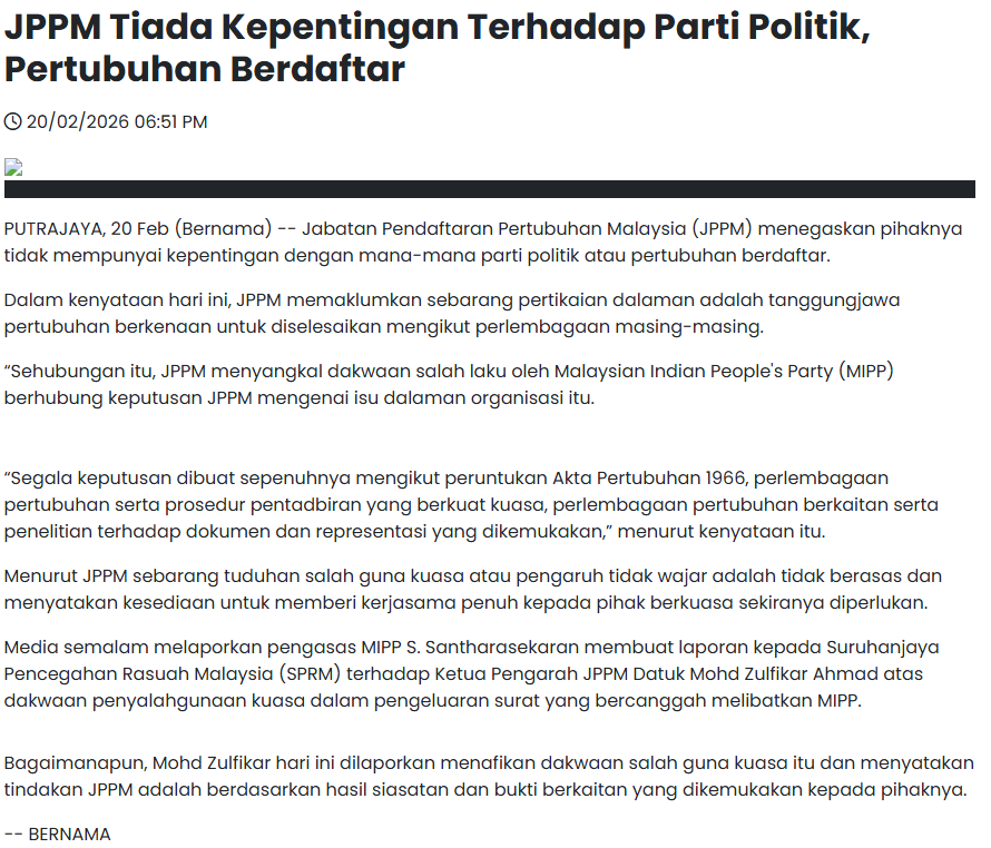 20 Februari 2026 - BERNAMA : JPPM tiada kepentingan terhadap parti politik, pertubuhan berdaftar