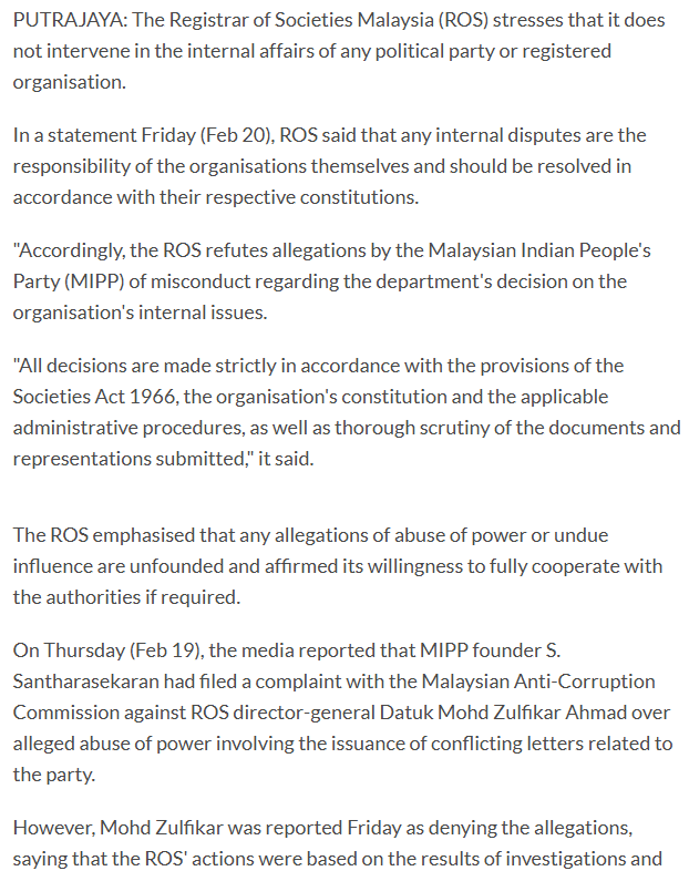 20 Februari 2026 - The Star : ROS refutes allegations of power abuse by MIPP