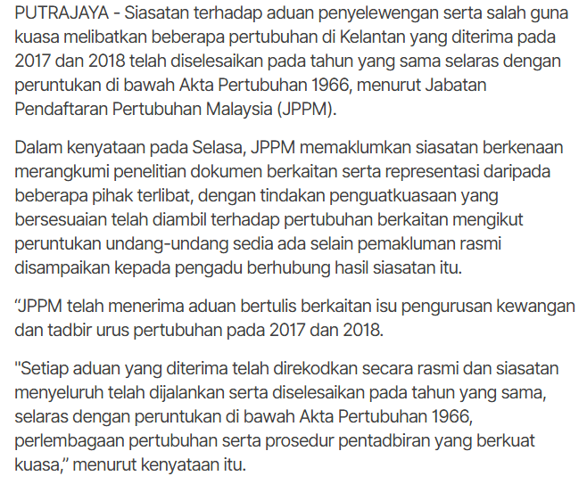 7 April 2026 - Sinar Harian : Siasatan aduan seleweng, salah guna kuasa pertubuhan di Kelantan selesai - JPPM