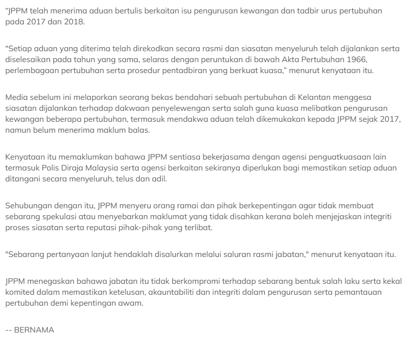 7 April 2026 - Astro Awani : Siasatan aduan seleweng, salah guna kuasa pertubuhan di Kelantan selesai - JPPM